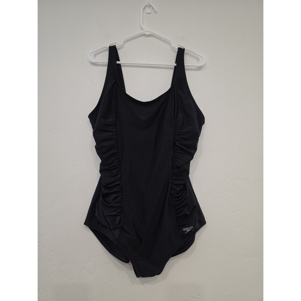 Speedo Women's Black Ruched Side One-Piece Swimsuit Wide Strap Lined Size XXL